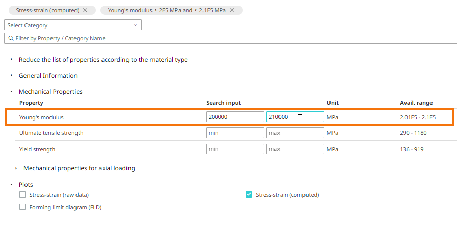 Specify Input Values for Young’s Modulus